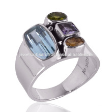 Topacio Azul Peridoto Amethyst &amp; Citrino Piedra Plata esterlina Bisel conjunto Anillo